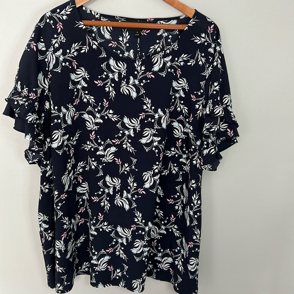 Lane Bryant Navy Blue Floral Blouse with Ruffled Sleeves